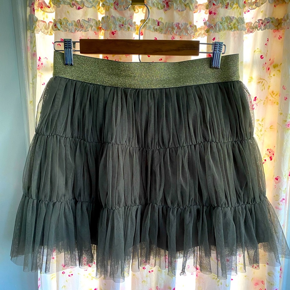 Twelve by twelve tiered green tulle elastic beaded skirt size M